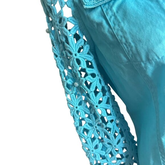 Just B Turquoise Eyelet Embroidered Jacket Size S | Floral Lace Sleeves & Beaded - Picture 3 of 10